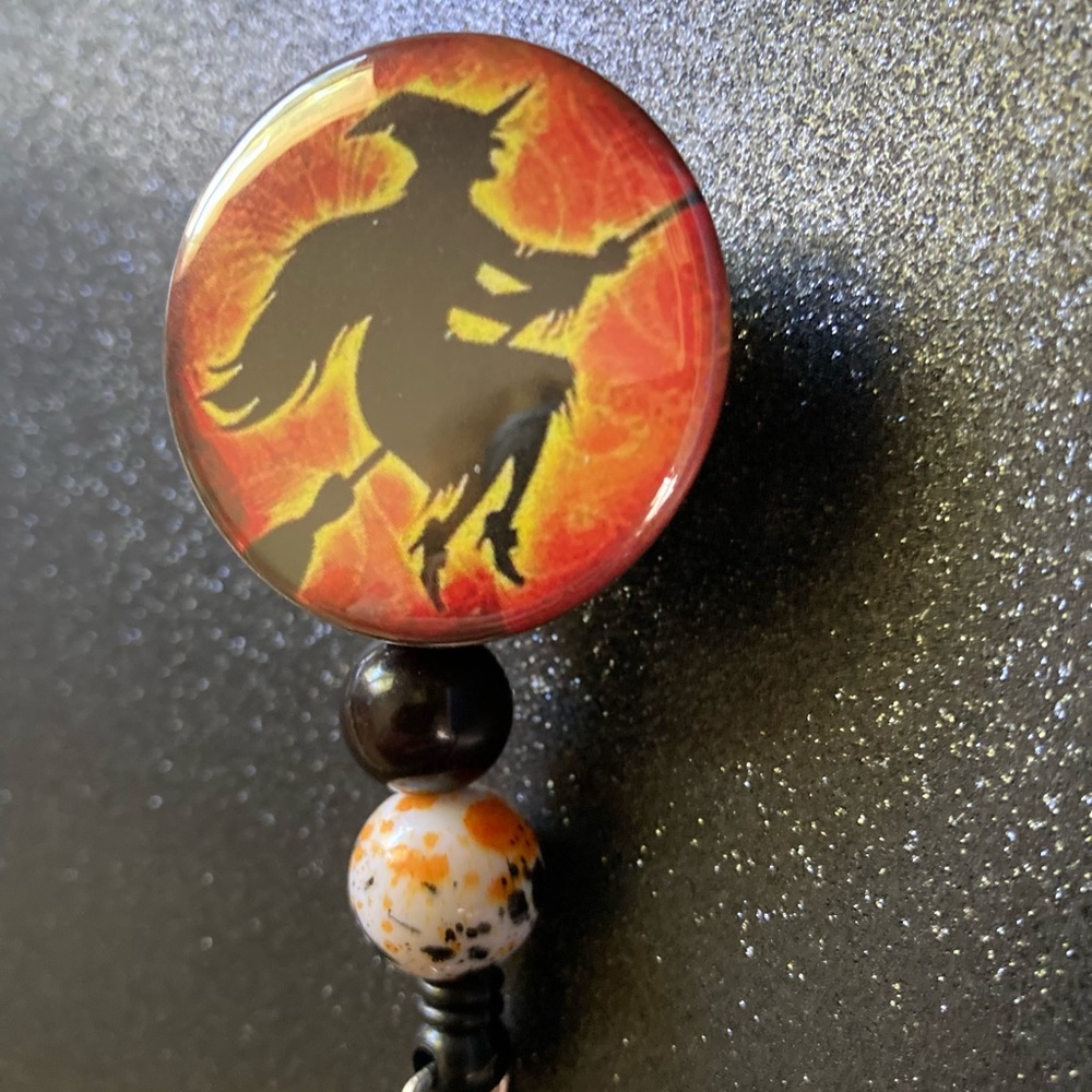 Happy Halloween Witch ID Badge Reel w/Beads